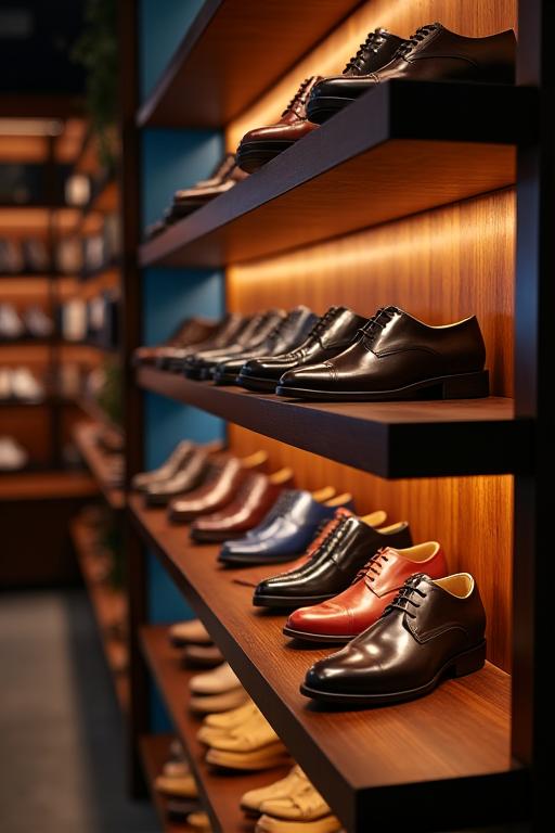 Ein beleuchtetes Regal, das eine Auswahl an Premium-Lederschuhen präsentiert.