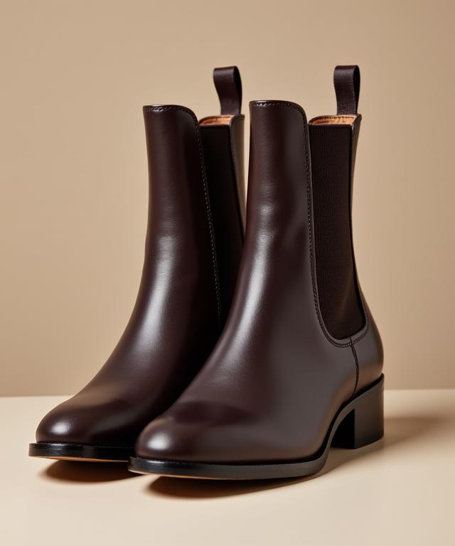 Ein Paar dunkelbraune Chelsea-Stiefel aus Leder.