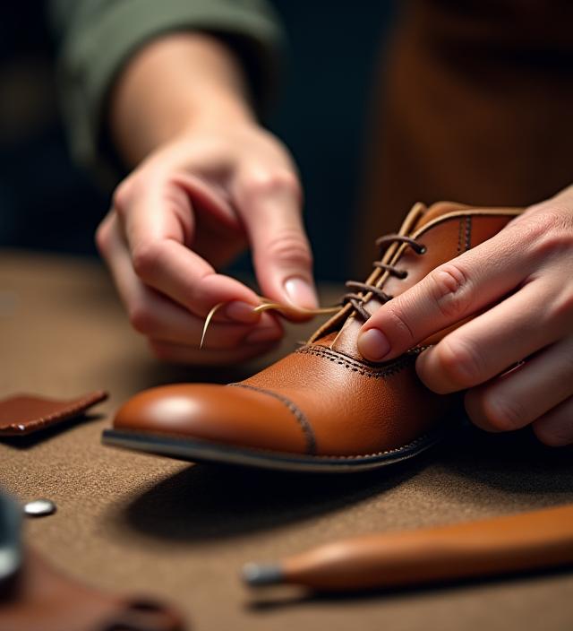 Nahaufnahme der Hände eines Schuhmachers, der eine Ledersohle näht.